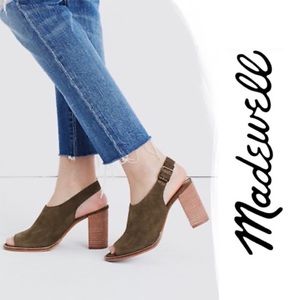 Madewell Olive Green Suede Slingback Cary Peep-Toe Stacked Heel Sandal S…